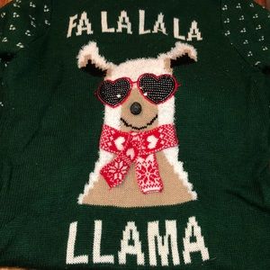 Llama Christmas sweater with hood and bell